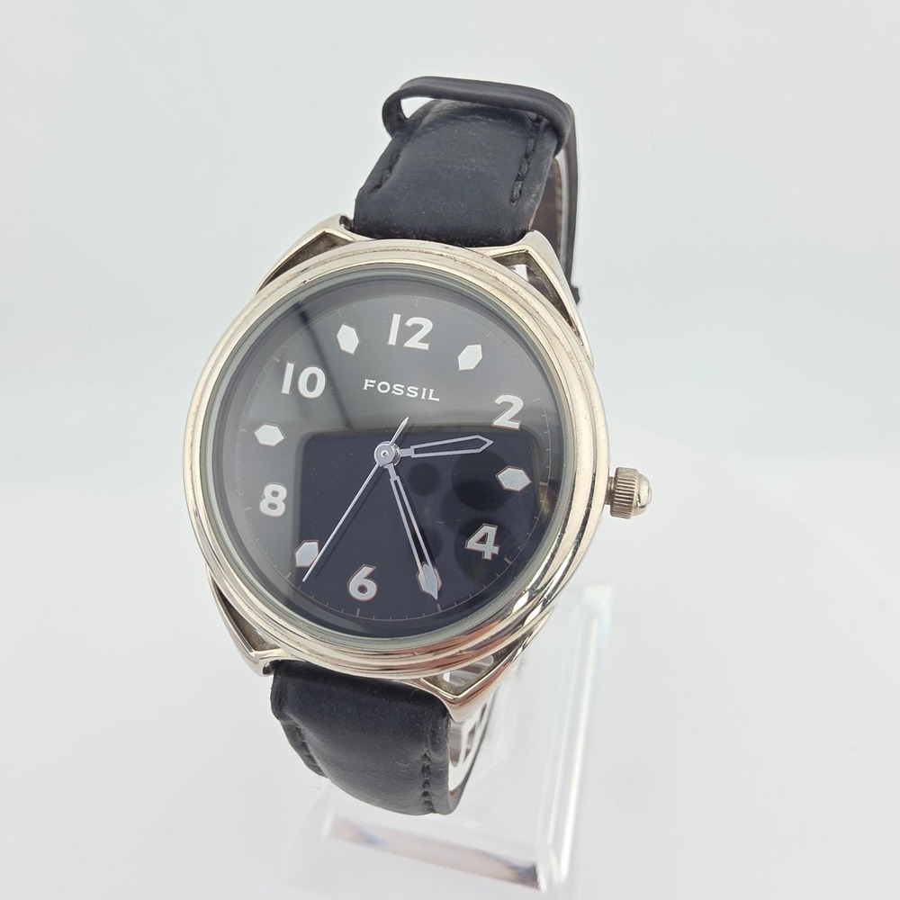 Vintage FOSSIL Nordstrom Watch ND-3273 Black Leather Band Silver Plate 7"